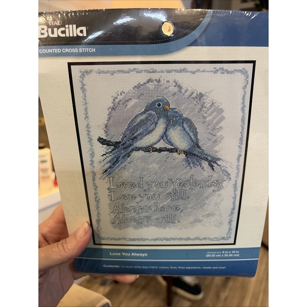 Bucilla Love You Always Cross Stitch Kit 8x10 Blue Birds Needle Floss HLWM45656